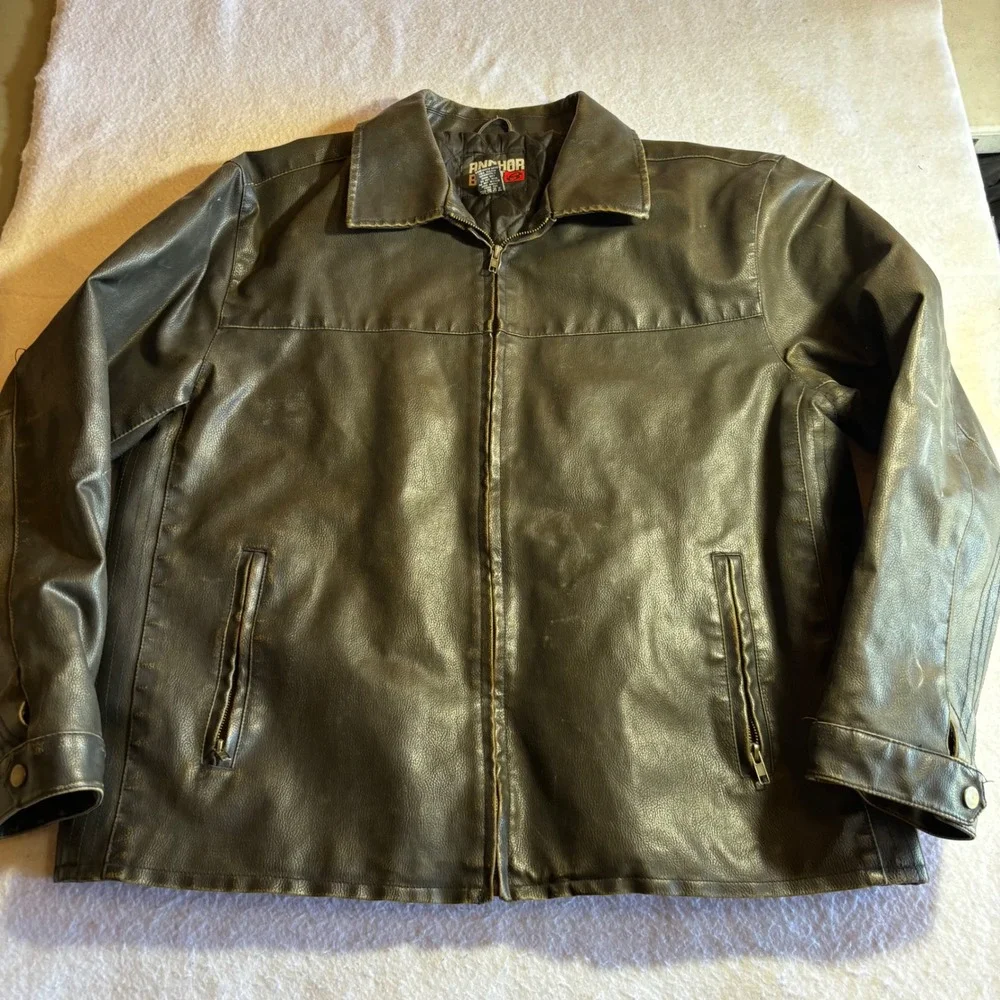 Vintage Anchor Blue Mens Faux Leather Motorcycle Jacket Size L Brown‎ Zip Front